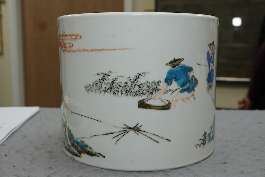 An unusual Chinese famille rose ‘fishermen’ brushpot, bitong, Yongzheng period (1723-35)